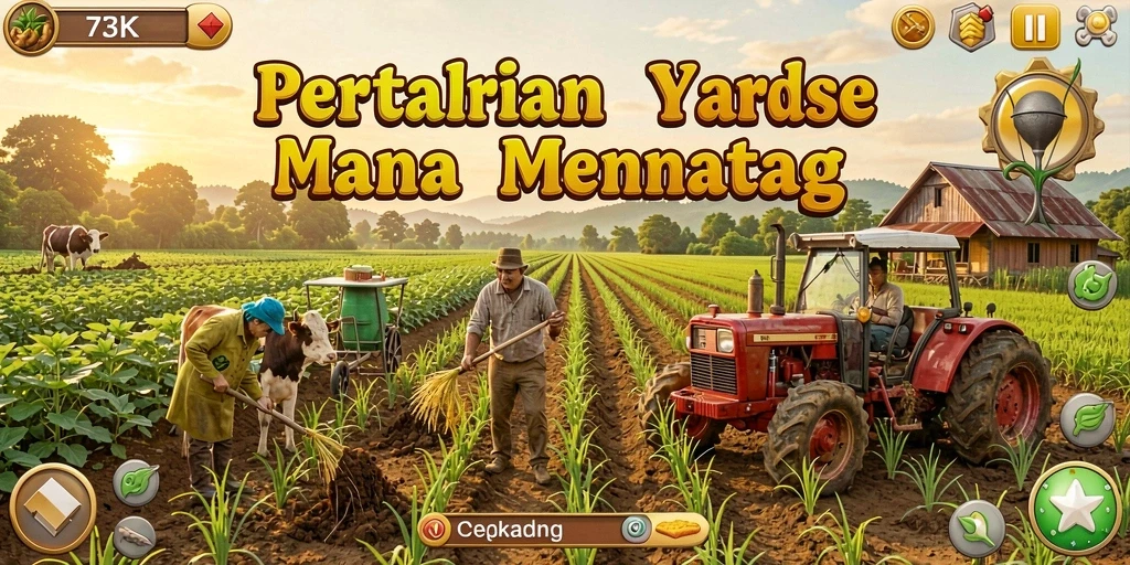 Screenshot gameplay 73K menampilkan suasana pertanian yang asri dan dinamis.