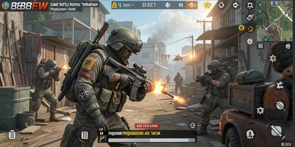 Screenshot gameplay <strong>888FW</strong> yang menampilkan pertempuran seru di arena Battle Royale.