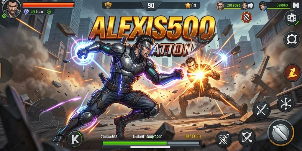 Screenshot gameplay ALEXIS500 yang menampilkan karakter dalam pertarungan seru.