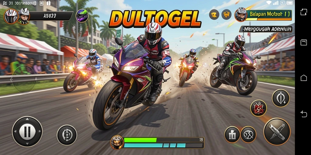 Screenshot DULTOGEL menampilkan aksi balapan motor yang seru dan mendebarkan.