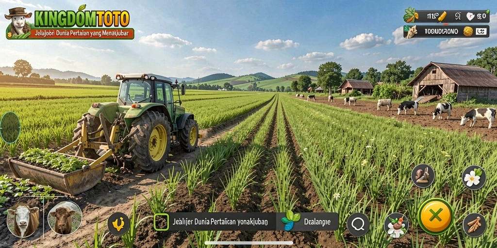 Tampilan gameplay KINGDOMTOTO dengan aktivitas bertani yang menyenangkan.