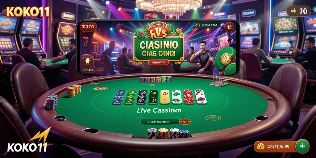 Screenshot gameplay KOKO11 menunjukkan dealer langsung dan suasana kasino yang seru.