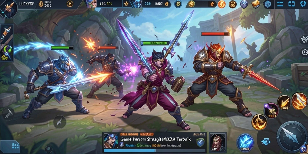 Tangkapan layar dari gameplay LUCKYDF yang menampilkan pertempuran seru di arena MOBA.