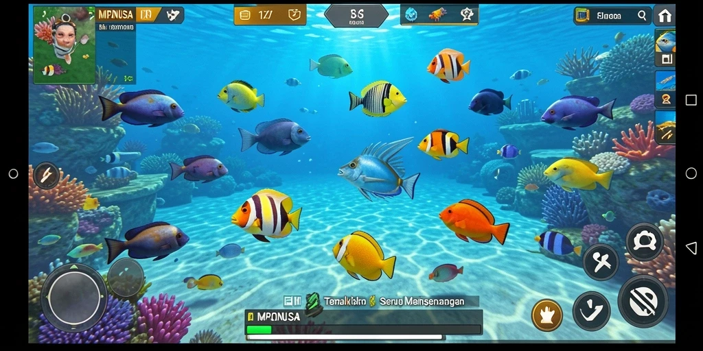 Screenshot gameplay MPONUSA dengan aksi menembak ikan.
