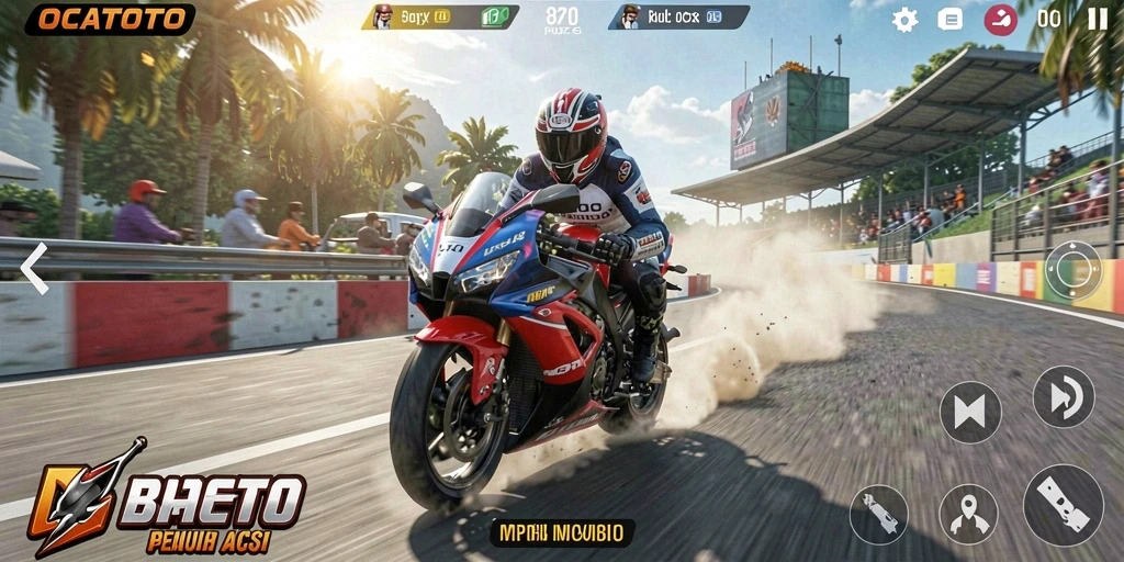 Screenshot utama OCATOTO menampilkan balapan motor yang penuh aksi dan grafis yang menawan.