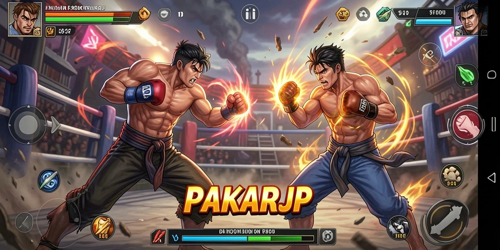 Screenshot gameplay PAKARJP menampilkan karakter dalam aksi bertarung yang intens.