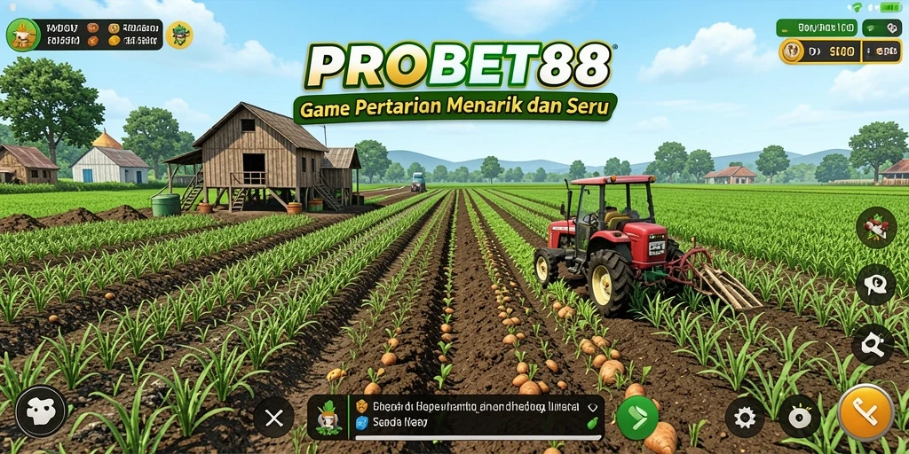 Screenshot gameplay PROBET88 menampilkan ladang yang indah dan aktivitas pertanian.