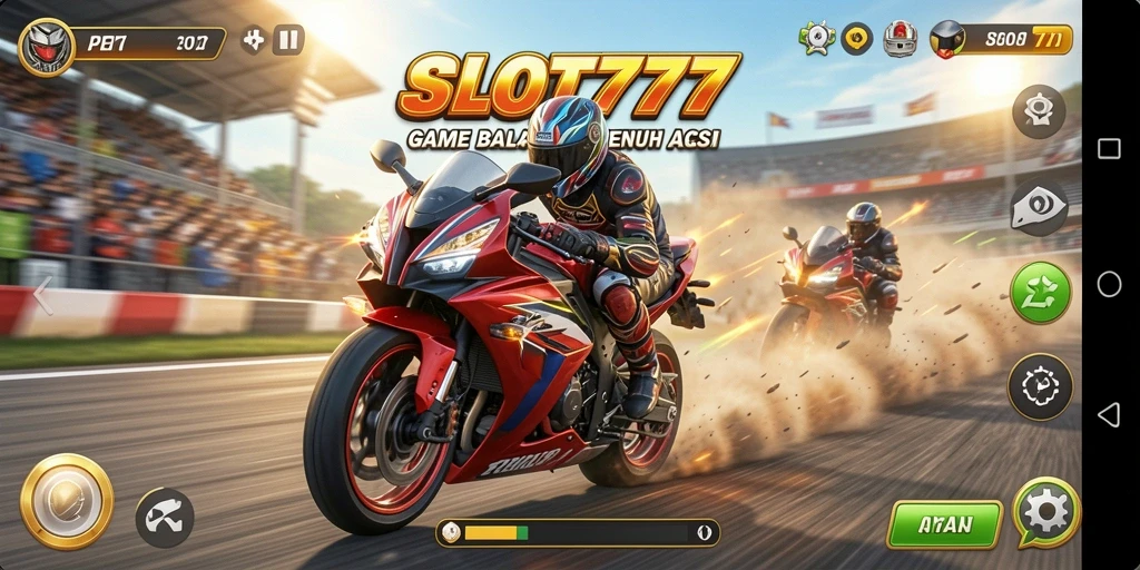 Tampilan gameplay SLOT777 dengan sepeda motor balap yang beraksi.