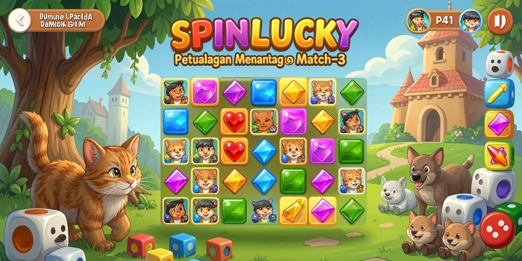 Screenshot gameplay SPINLUCKY menampilkan momen mencocokkan elemen Match-3.