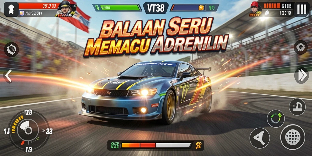 Screenshot utama VT38 menampilkan aksi balapan yang mendebarkan.